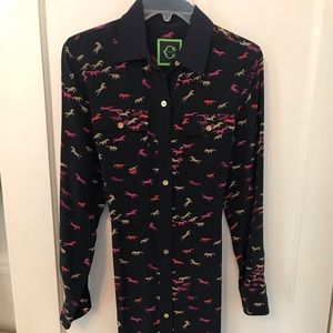 Navy- silk shirt dress with pink horses